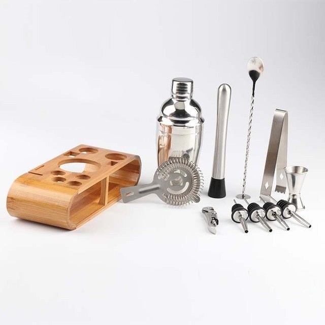 Shaker à cocktail en acier inoxydable avec support en bois pour fêtes à domicile et bars