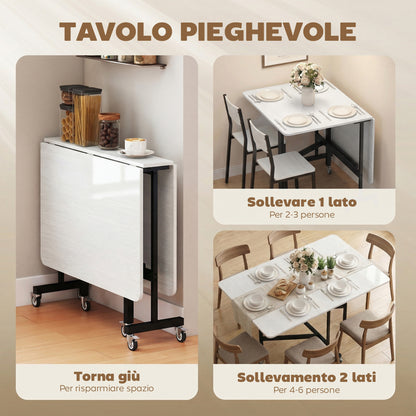 Tavolo Pieghevole per 4-6 Persone con 2 Ribalte e Ruote con Freno, 120x80x73 cm, Bianco Legno