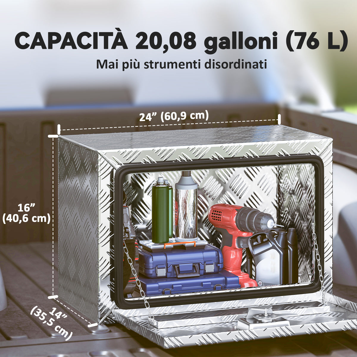 Cassetta degli Attrezzi da 76L in Alluminio con Serratura, 2 Chiavi e Maniglia Laterale, 60.9x35.5x40.6 cm, Argento