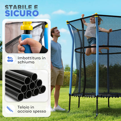 Tappeto Elastico per Bambini con Ingresso a Cerniera e Pali Imbottiti, in Acciaio, PP e EPE, 122x111x190 cm, Blu