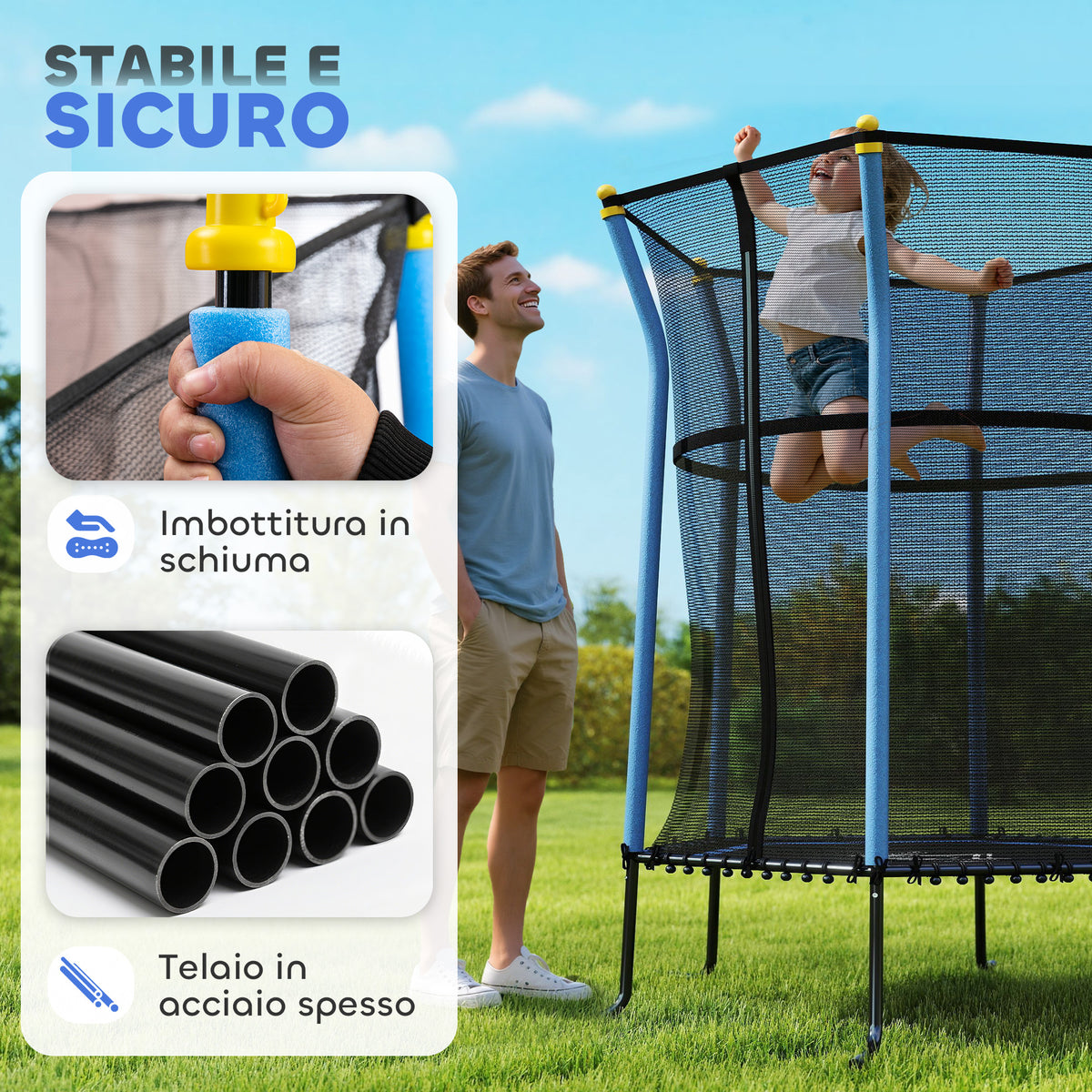 Tappeto Elastico per Bambini con Ingresso a Cerniera e Pali Imbottiti, in Acciaio, PP e EPE, 122x111x190 cm, Blu