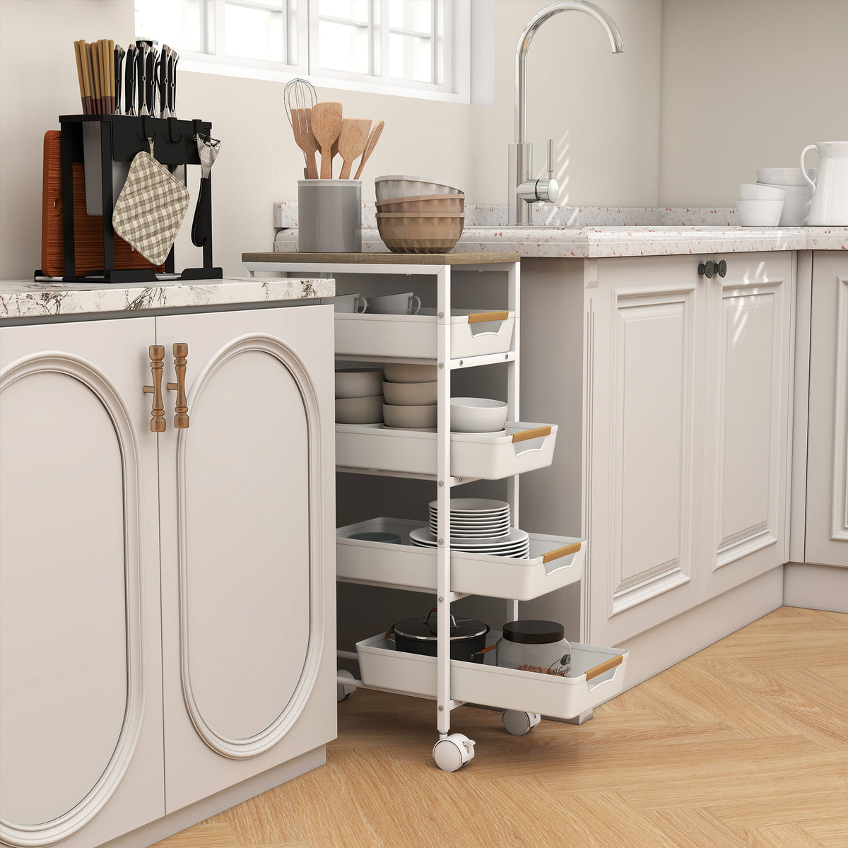 Carrello da Cucina a 5 Livelli con 4 Cesti Estraibili, in Metallo, PP e Legno, 39.5x24x82 cm, Bianco e Rovere