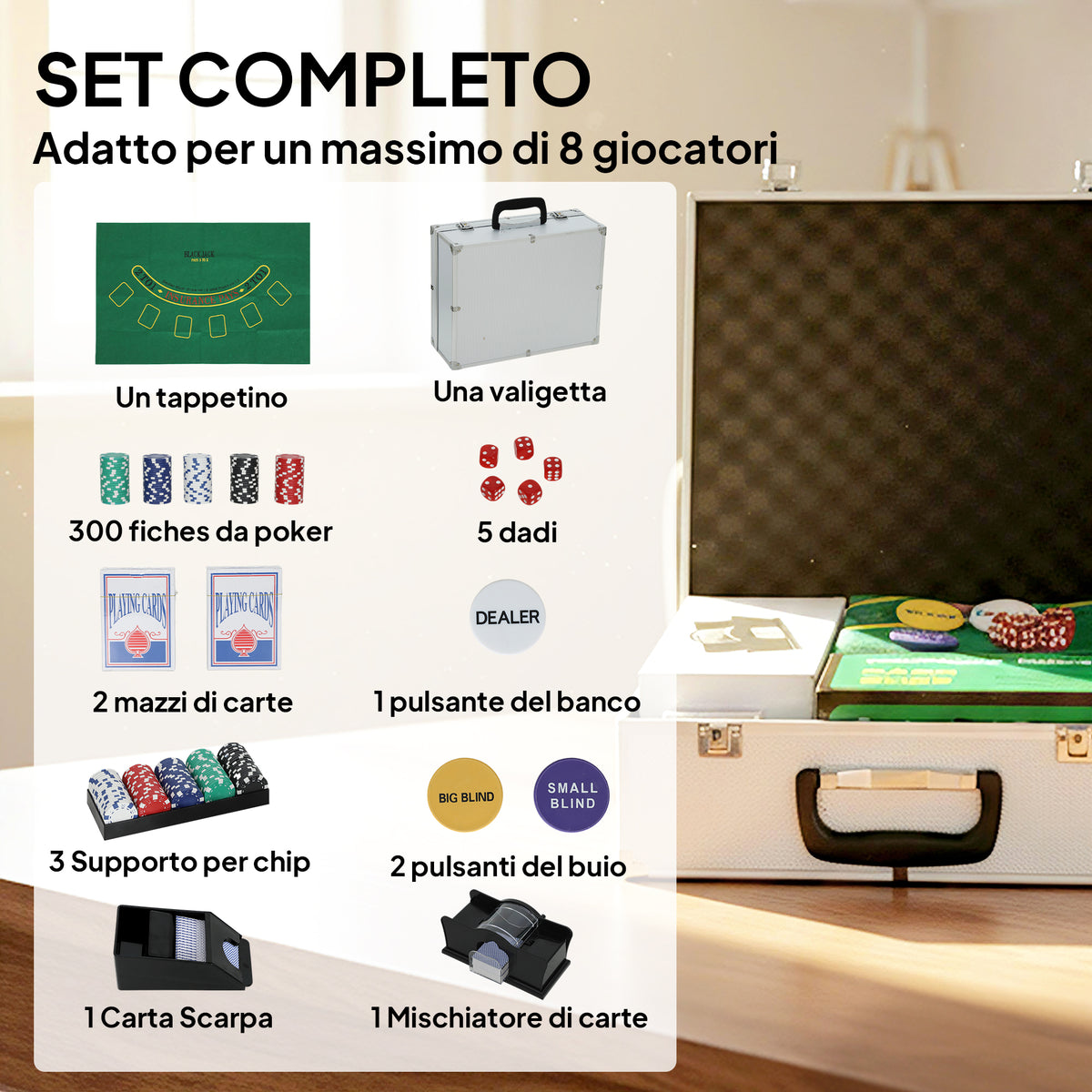 Set Poker con 300 Fiches, Mescolatore e Distributore Carte, Tappetino, 5 Dadi, Pulsante Dealer e Valigetta