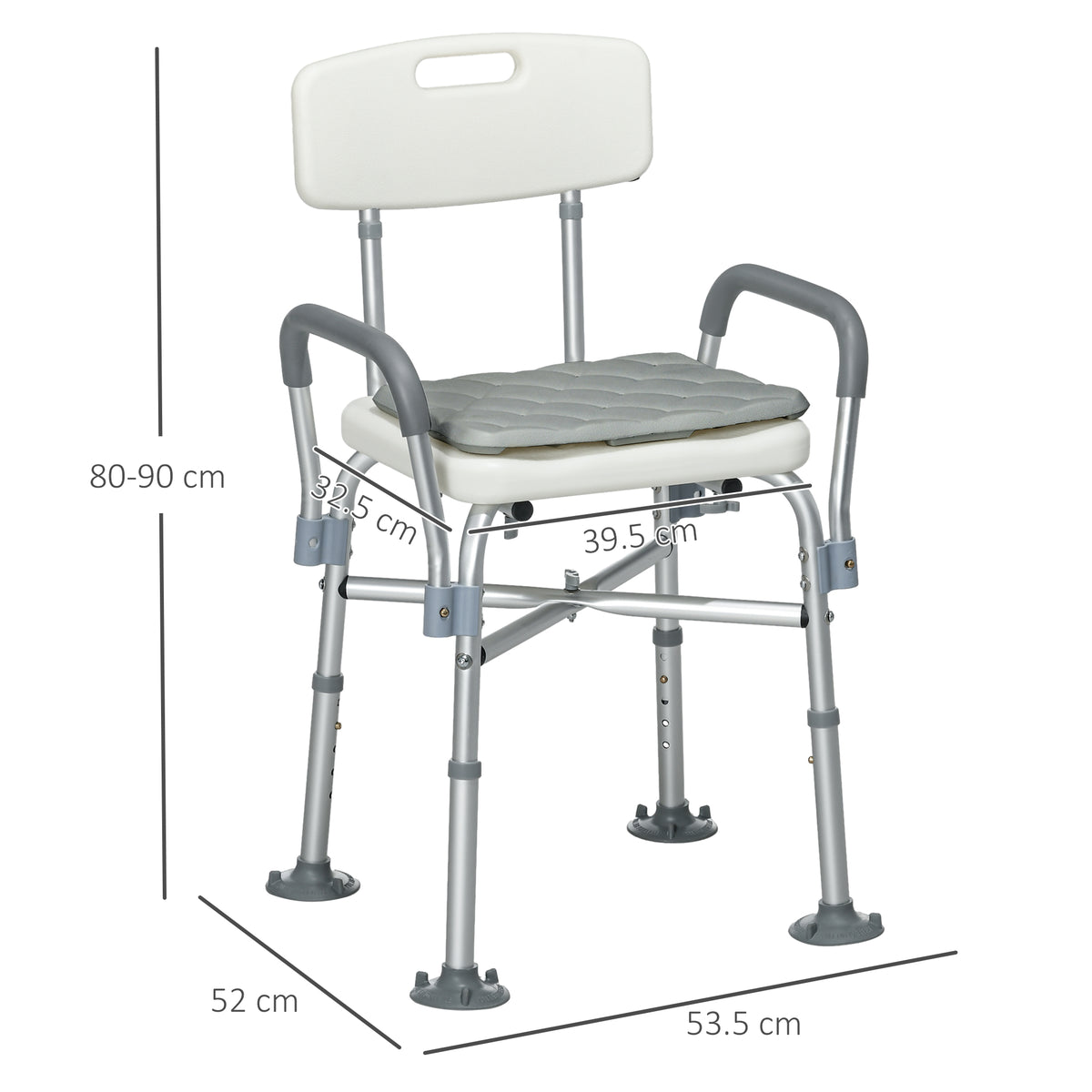 Sedia Doccia ad Altezza Regolabile con Braccioli e Cuscino Rimovibile 53.5x52x80-90 cm, Bianca
