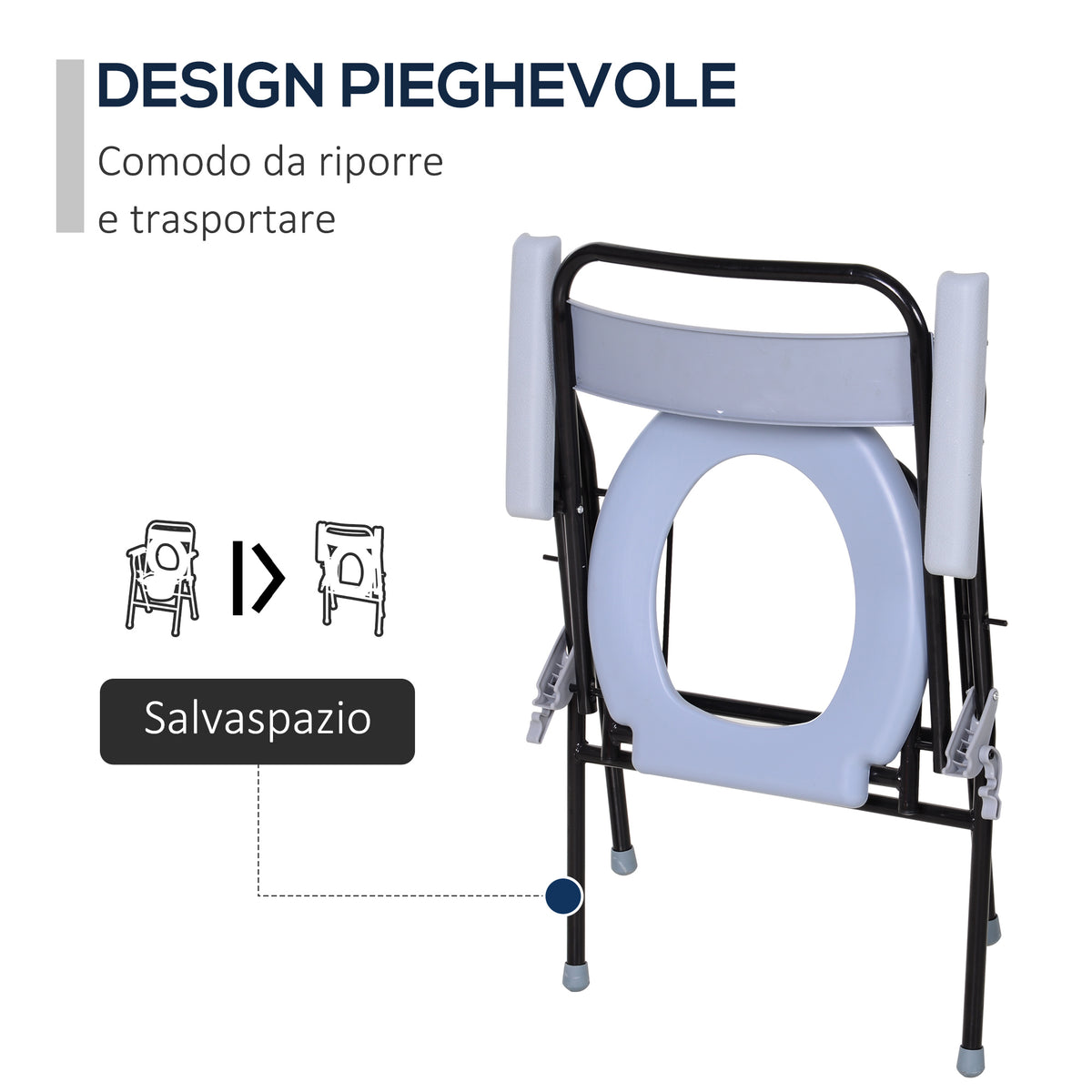 Sedia WC Pieghevole con Vaso Rimovibile per Anziani e Disabili in Tubi di Ferro e Plastica 52 x 50 x 75cm