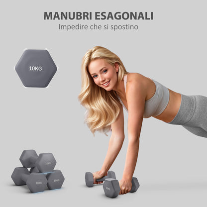 Set 2 Manubri Esagonali da 2x10 kg in Metallo e Plastica con Impugnatura Antiscivolo, 26x12x12 cm, Grigio