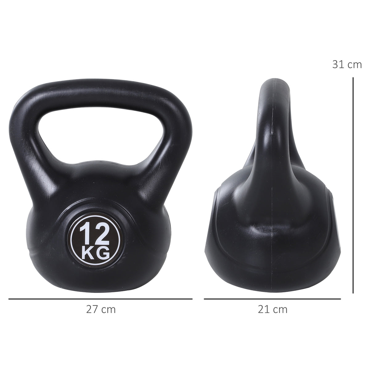 Kettlebell 12kg per Sport e Fitness con Base Piatta e Impugnatura, Kettlebell Pesi per Allenamento Home Gym Casa e Palestra, 27x21x31 cm, Nero