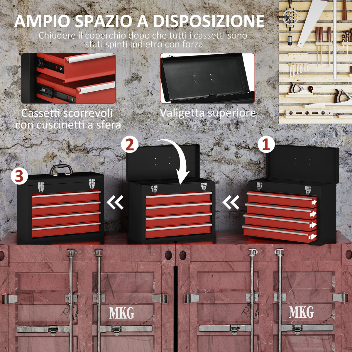 Cassetta Porta Attrezzi in Acciaio con 4 Cassetti e Vassoio Superiore, 51x22x39.5 cm, Rosso e Nero