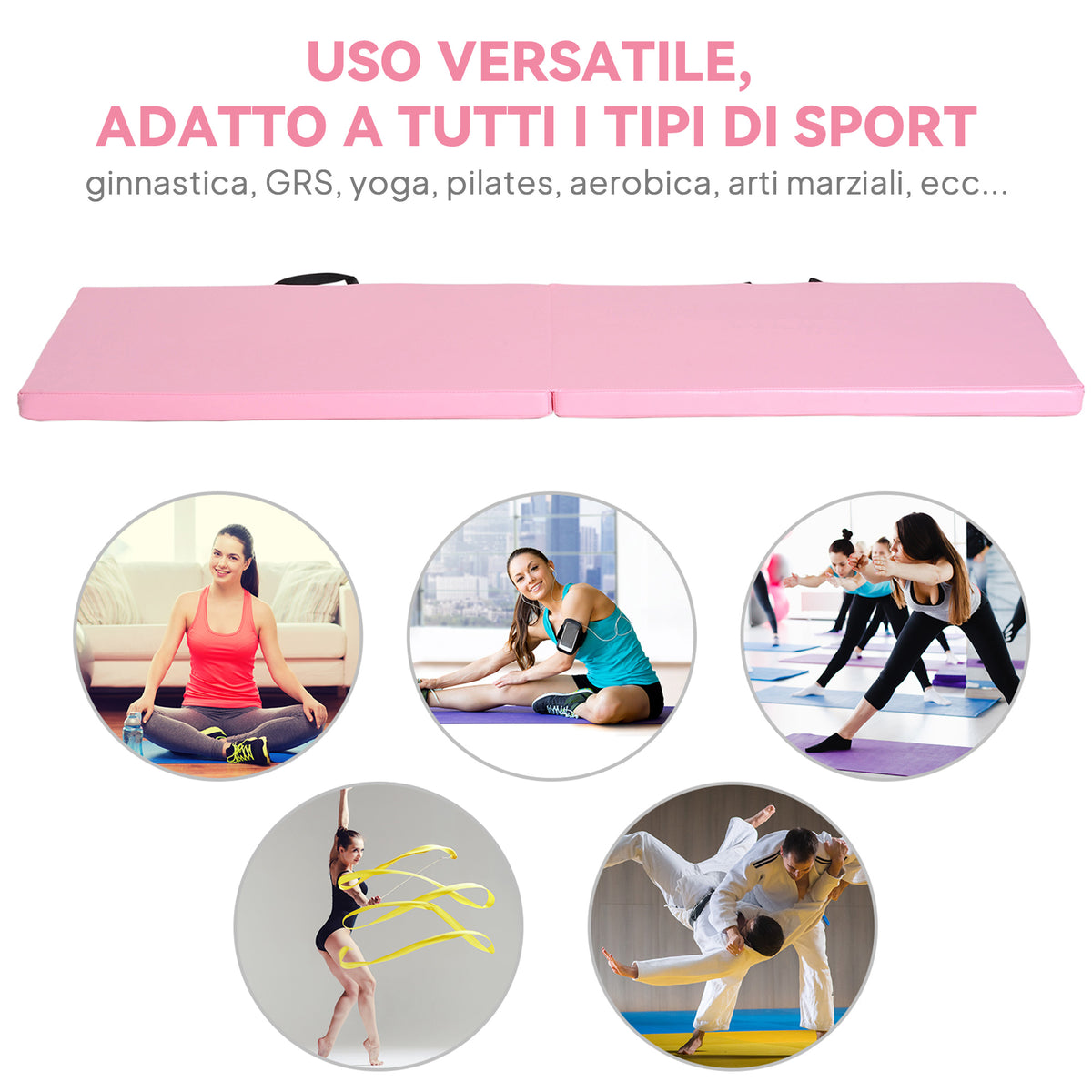 Tappetino da Ginnastica Pieghevole, Materassino Fitness Spesso 5 cm e Antiscivolo, 180x60x5 cm, Rosa