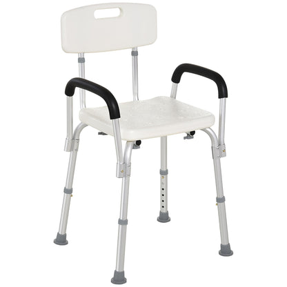 Sedia da Doccia in HDPE a 6 Altezze Regolabili con Schienale e Braccioli, 47x50x74-87 cm, Bianco e Argento