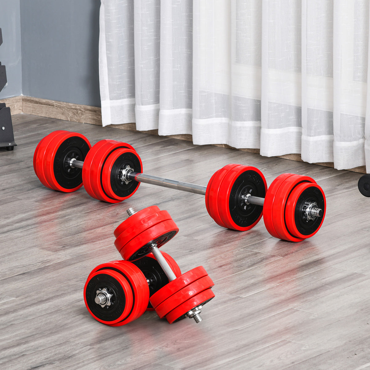 Set di Manubri Pesi 2 in 1 da 30kg, Dischi con Rivestimento in Plastica Antigraffio, Rosso e Nero