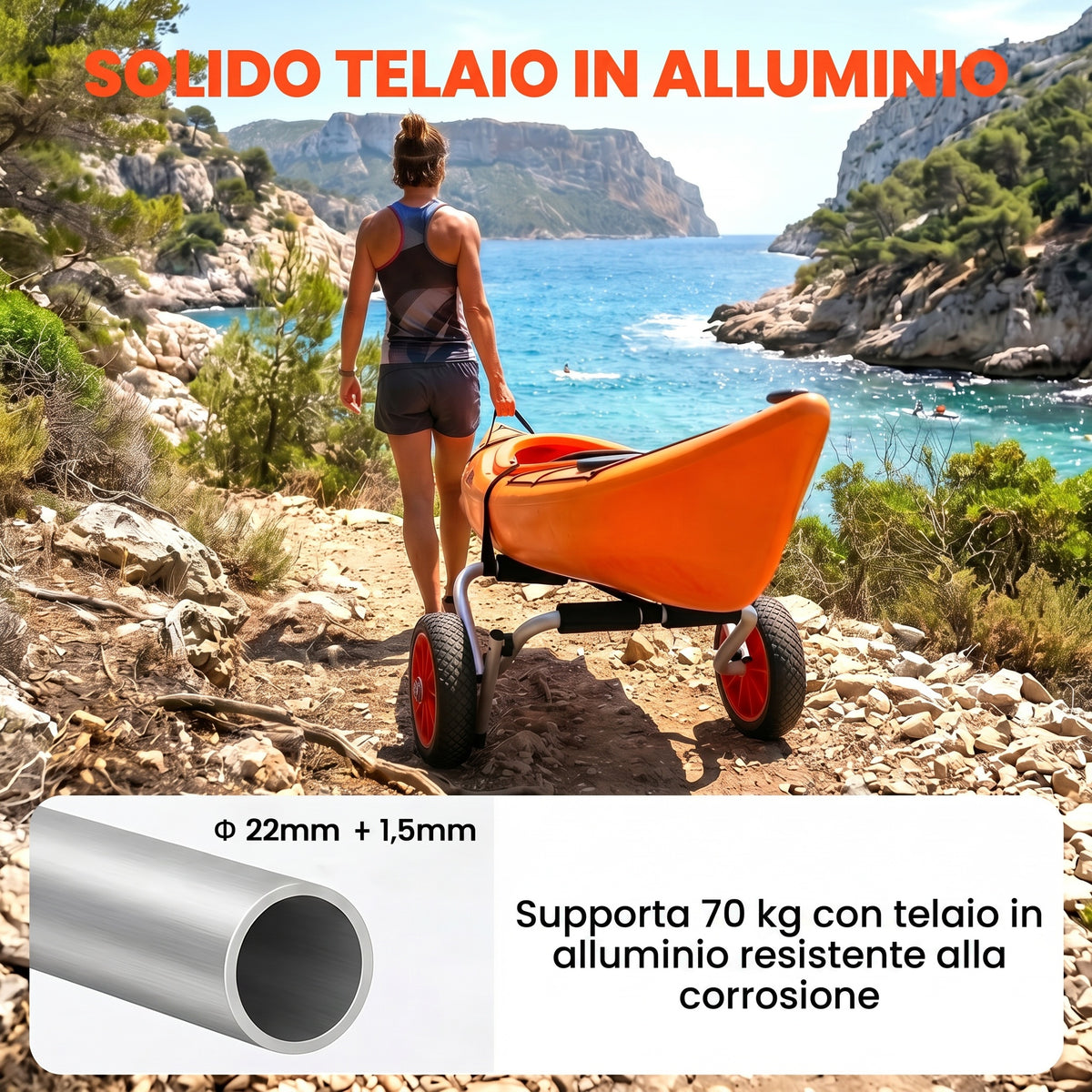Carrello per Kayak Pieghevole Pneumatici 25cm Adatto a Tutte Superfici
