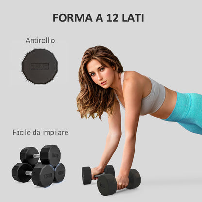 Set 2 Manubri a 12 Lati da 15 kg in Metallo e Gomma con Impugnatura Antiscivolo, 26x15.5x15.5 cm, Nero