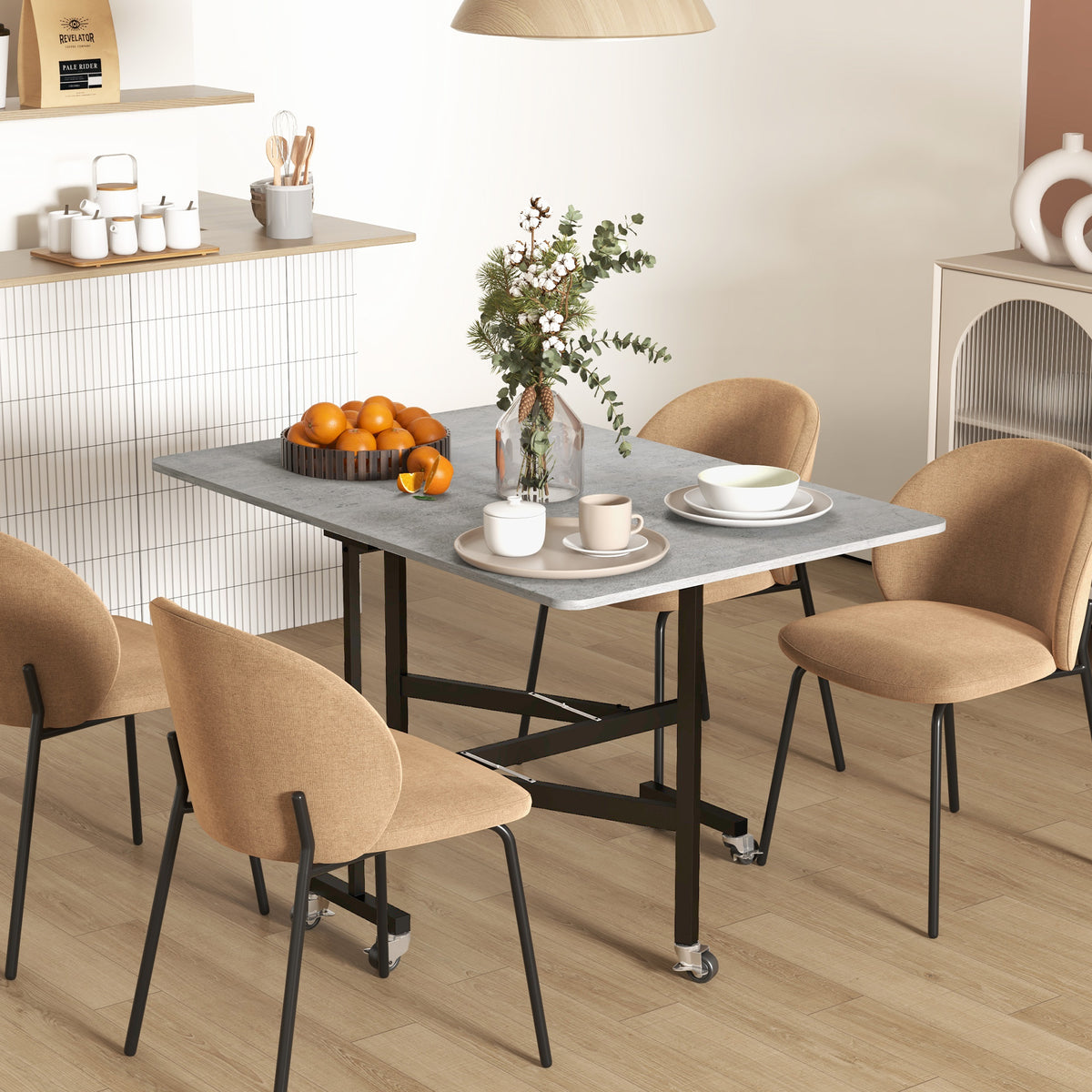 Tavolo Pieghevole a Ribalta per 4-6 Persone con 6 Rotelle, in Legno e Acciaio, 120x80x73 cm, Grigio