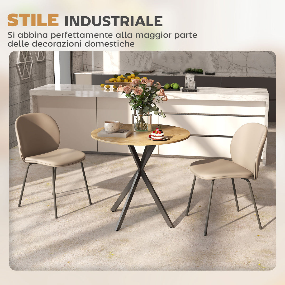 Tavolo da Pranzo Rotondo Stile Industriale con Gambe a Croce in Acciaio, 80x75 cm, Colore Quercia