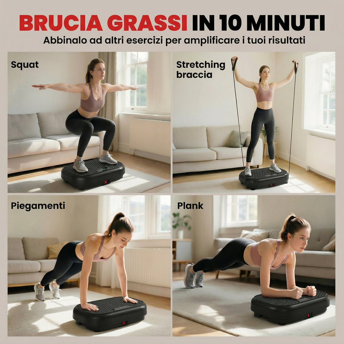 Pedana Vibrante con 120 Livelli di Velocità, 5 Programmi e Display LED, Silenziosa, con Fasce di Resistenza