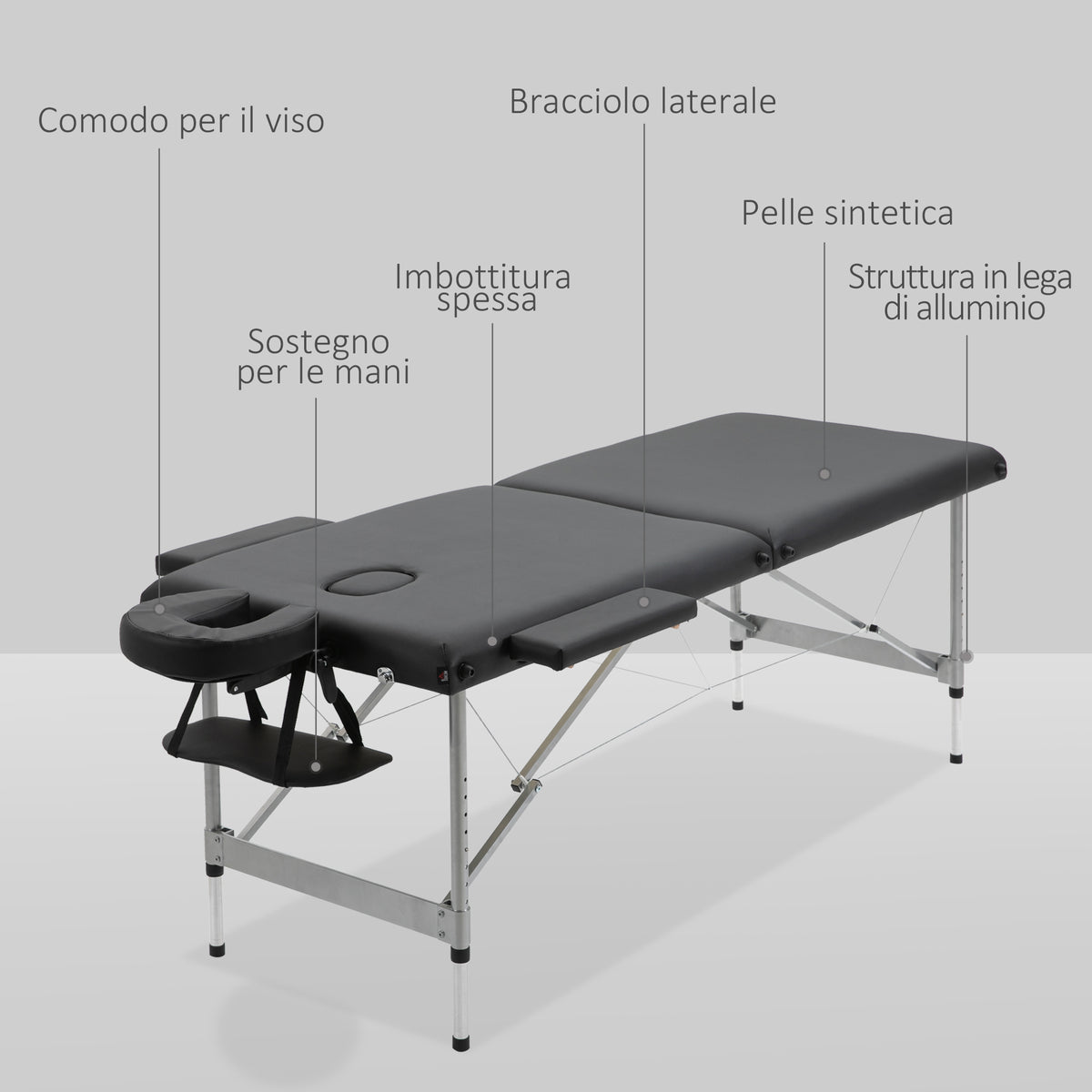 Lettino per Massaggio Portatile e Pieghevole con Altezza Regolabile e Seduta Imbottita, 186x71x62-83 cm, Nero