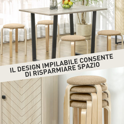 Set 4 Sgabelli Impilabili e Imbottiti con Rivestimento in Tessuto e Gambe in Legno, Cachi