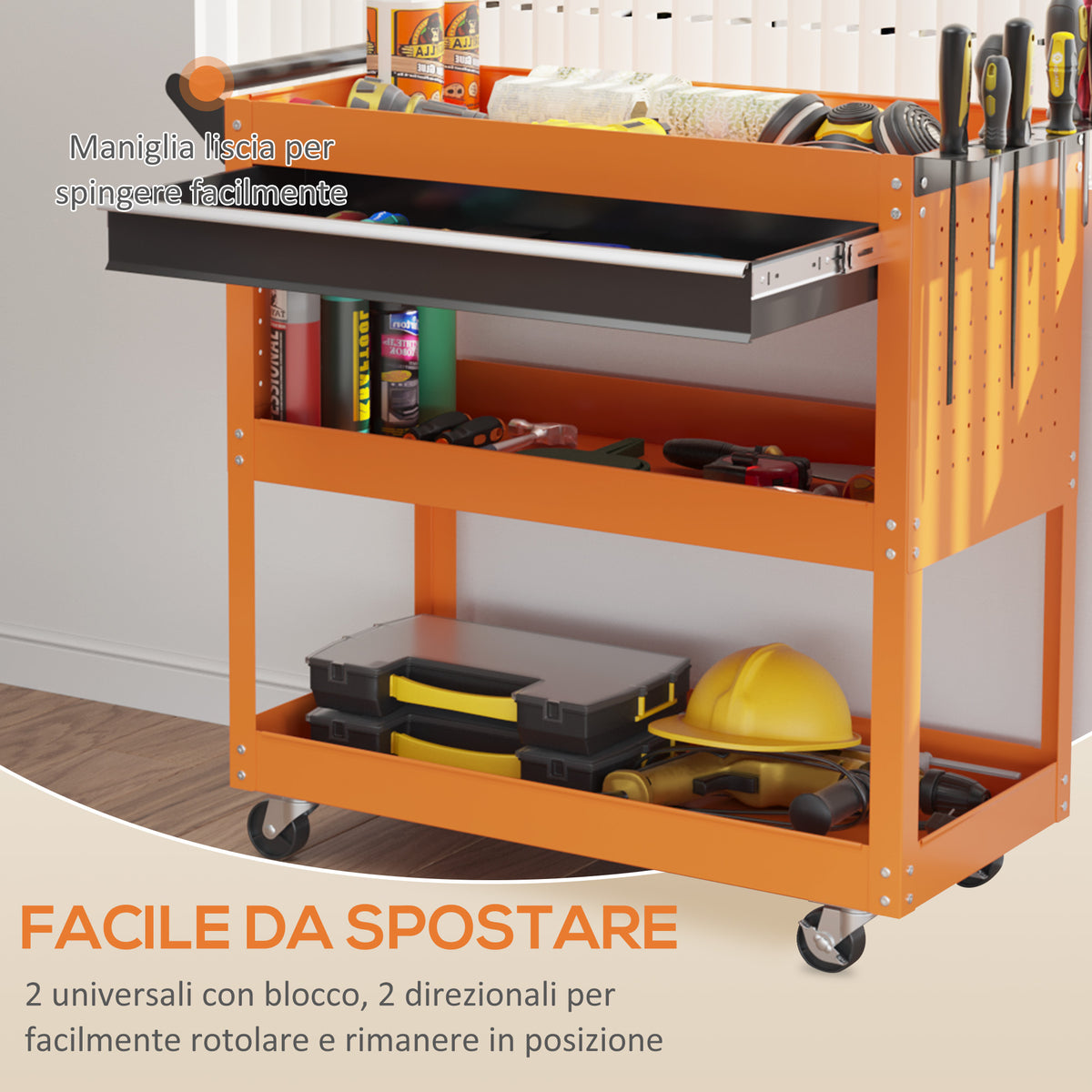Carrello Porta Attrezzi con Manico Laterale, Cassetto e 3 Ripiani in Acciaio, 82x35x76 cm, Arancione
