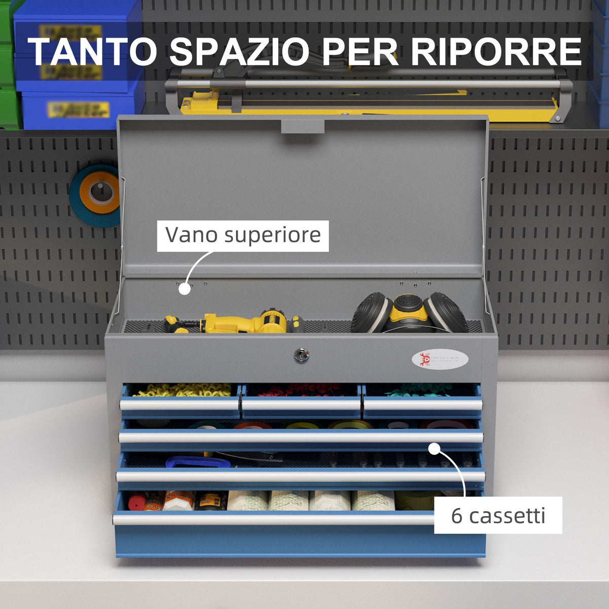 Cassetta Attrezzi in Acciaio con 6 Cassetti, un Bauletto e 2 Chiavi, 60x26x34 cm. Blu