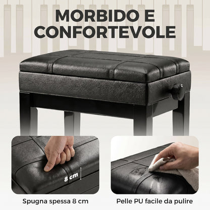 Sgabello per Pianoforte con Altezza Regolabile e Contenitore in Legno e Finta Pelle, 63x35x46-56cm, Nero