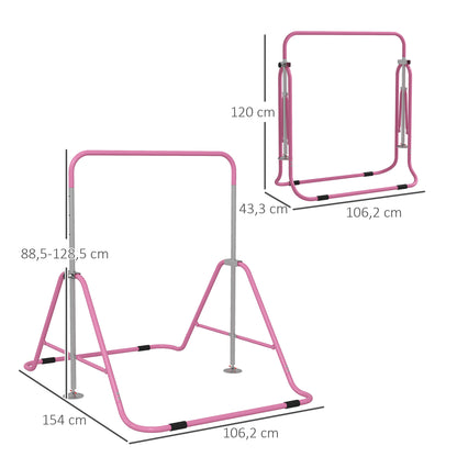 Sbarra per Trazioni Pieghevole per Bambini 3-8 Anni con Altezze Regolabili in Acciaio, 154x106.2x88.5-128.5cm, Rosa
