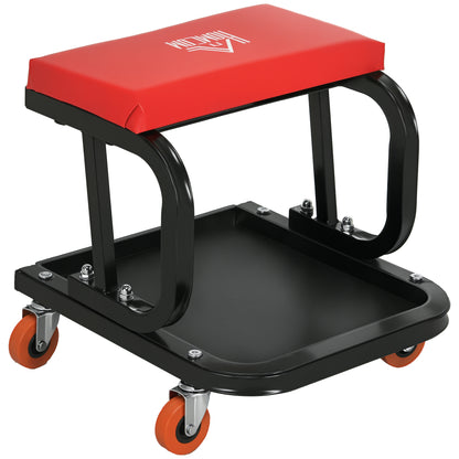 Sgabello da Officina Imbottito con Ruote e Vassoio Porta Attrezzi in Acciaio e PU, 38x35x37cm, Rosso