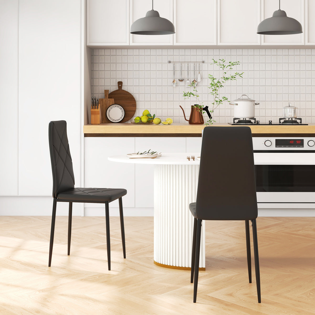 Set di 2 Sedie Moderne imbottite da Pranzo con Schienale Alto in Finta Pelle e Acciaio,rivestimento a polvere, 41x50x97 cm, Nero