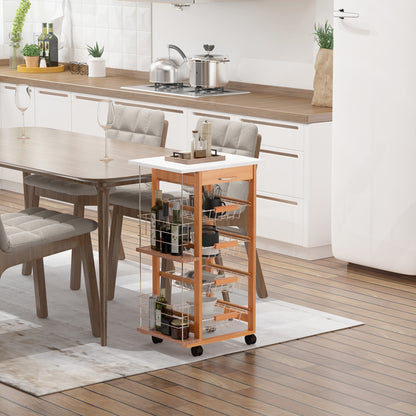 Carrello da Cucina con 1 Cassetto, 4 Cestelli Metallici e 2 Ripiani Portaspezie in Legno 47 x 37 x 83 cm Marrone