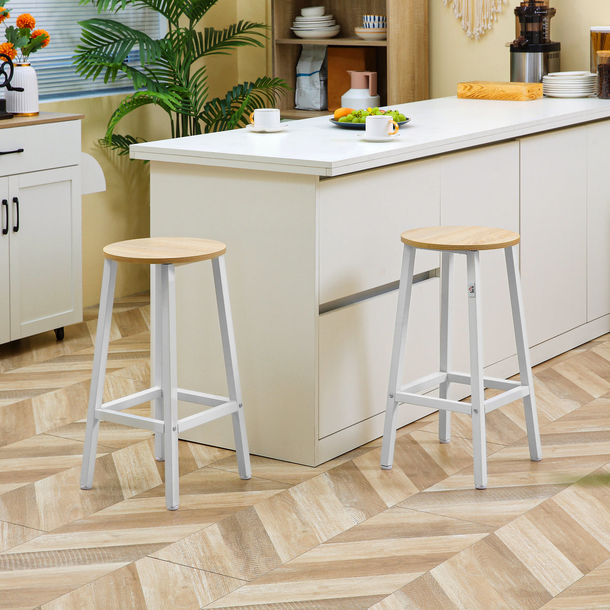 Set 2 Sgabelli da Cucina in Truciolato e Acciaio con Piano Liscio e Poggiapiedi, 32.5x32.5x65 cm, Bianco e Legno