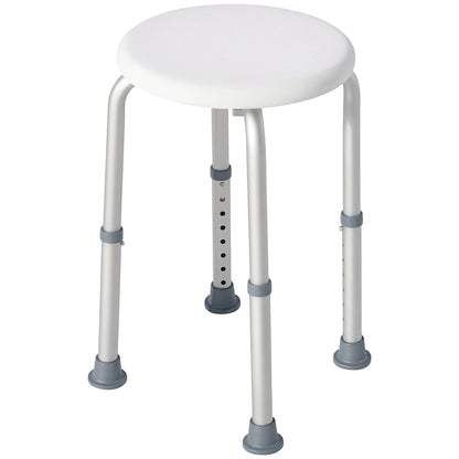 Sgabello da Doccia Girevole a 360 con Piedini Antiscivolo e Regolabile in Altezza su 8 Livelli, Sgabello per Doccia in Alluminio e PE, 32.5x41x35.5-54 cm, Bianco