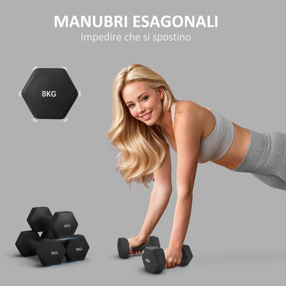 Set 2 Manubri Esagonali da 2x8 kg in Metallo e Plastica con Impugnatura Antiscivolo, 24x11x11 cm, Nero
