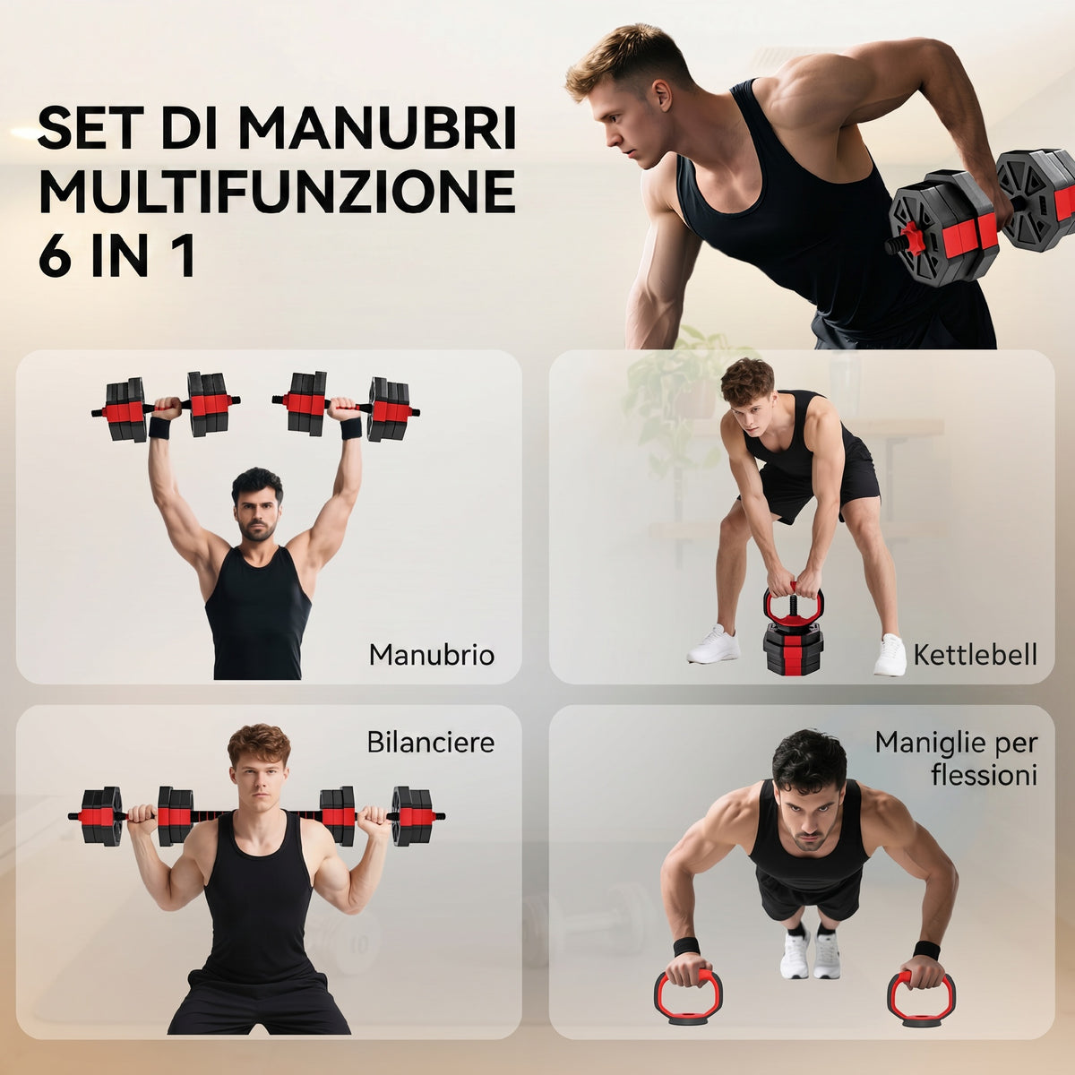Set Pesi Palestra 6 in 1 Multifunzione da 20kg Totali in Plastica e Sabbia, 125x18x18 cm, Rosso