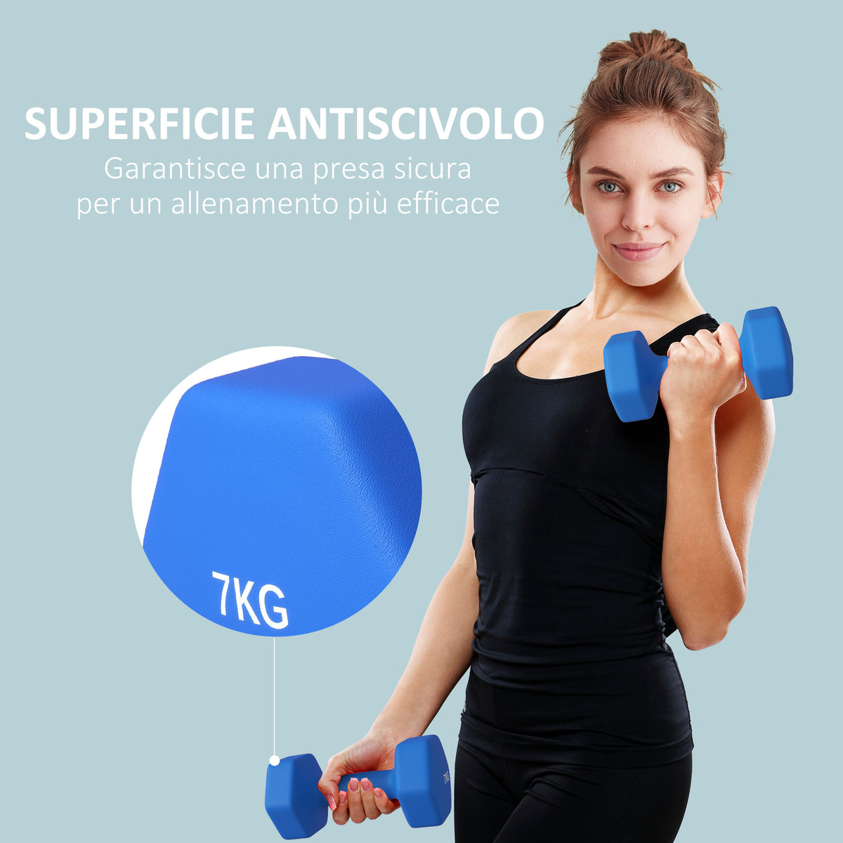 Set 2 Manubri Esagonali da 2x7kg in Metallo e Plastica con Impugnatura Antiscivolo, 22.5x10.5x10.5 cm, Blu