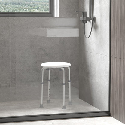 Sgabello da Doccia Girevole a 360 con Piedini Antiscivolo e Regolabile in Altezza su 8 Livelli, Sgabello per Doccia in Alluminio e PE, 32.5x41x35.5-54 cm, Bianco