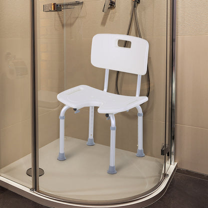 Sedia Doccia Regolabile su 8 Livelli con Fori di Drenaggio, in Alluminio e PE, 48x42x71-83.5 cm, Bianco e Argento