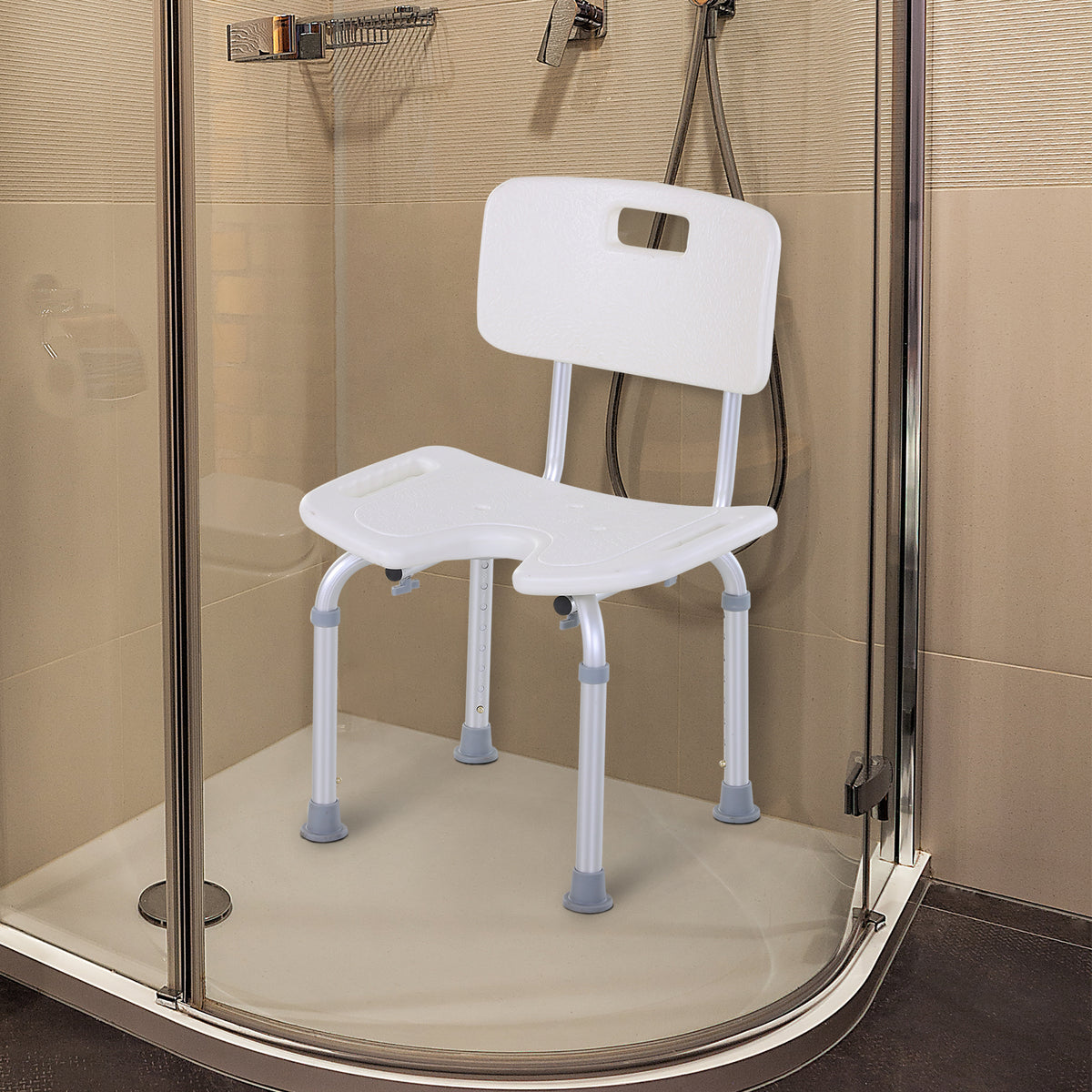 Sedia Doccia Regolabile su 8 Livelli con Fori di Drenaggio, in Alluminio e PE, 48x42x71-83.5 cm, Bianco e Argento