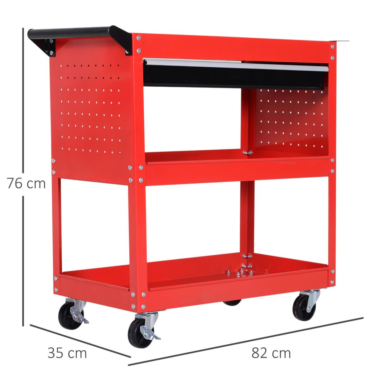 Carrello Porta Attrezzi con Manico, Cassetto e 3 Ripiani, in Lamiera di Acciaio, 82x35x76 cm, Rosso