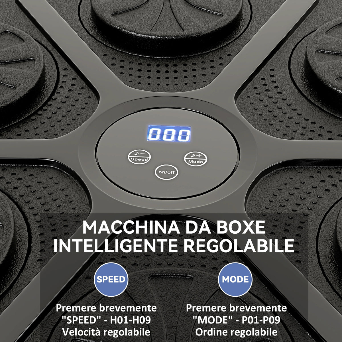 Boxing Machine Musicale a Parete con 9 Velocità, Connessione Bluetooth e Guanti, 41.8x44.6x7.5 cm, Nero e Blu