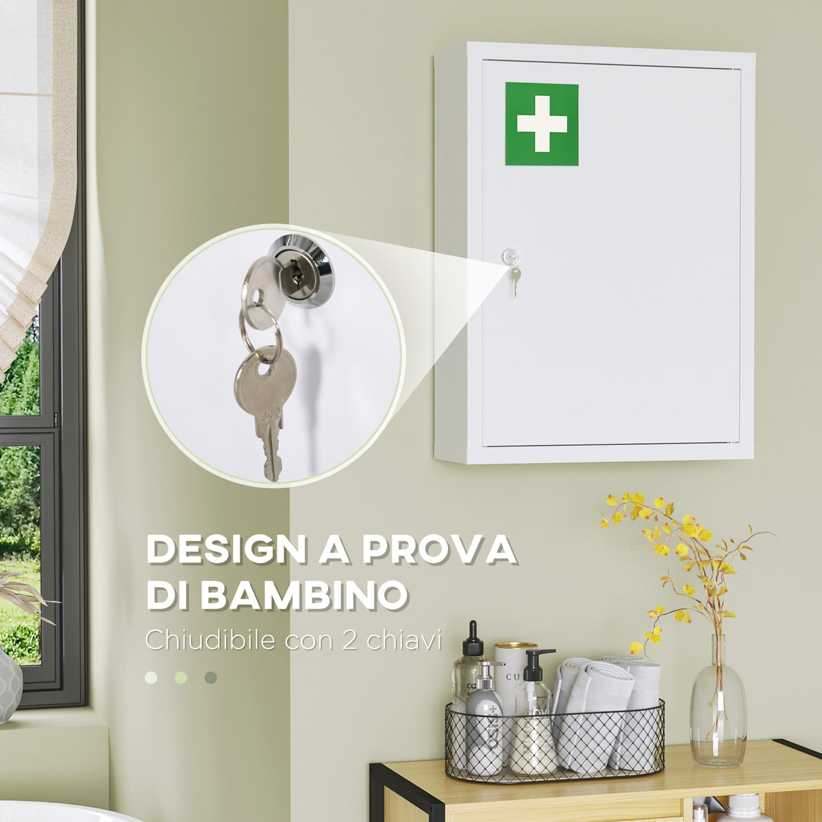 Armadietto Medicinali a 3 Ripiani con Serratura e 2 Chiavi, in Acciaio, 40x15x53.5 cm, Bianco