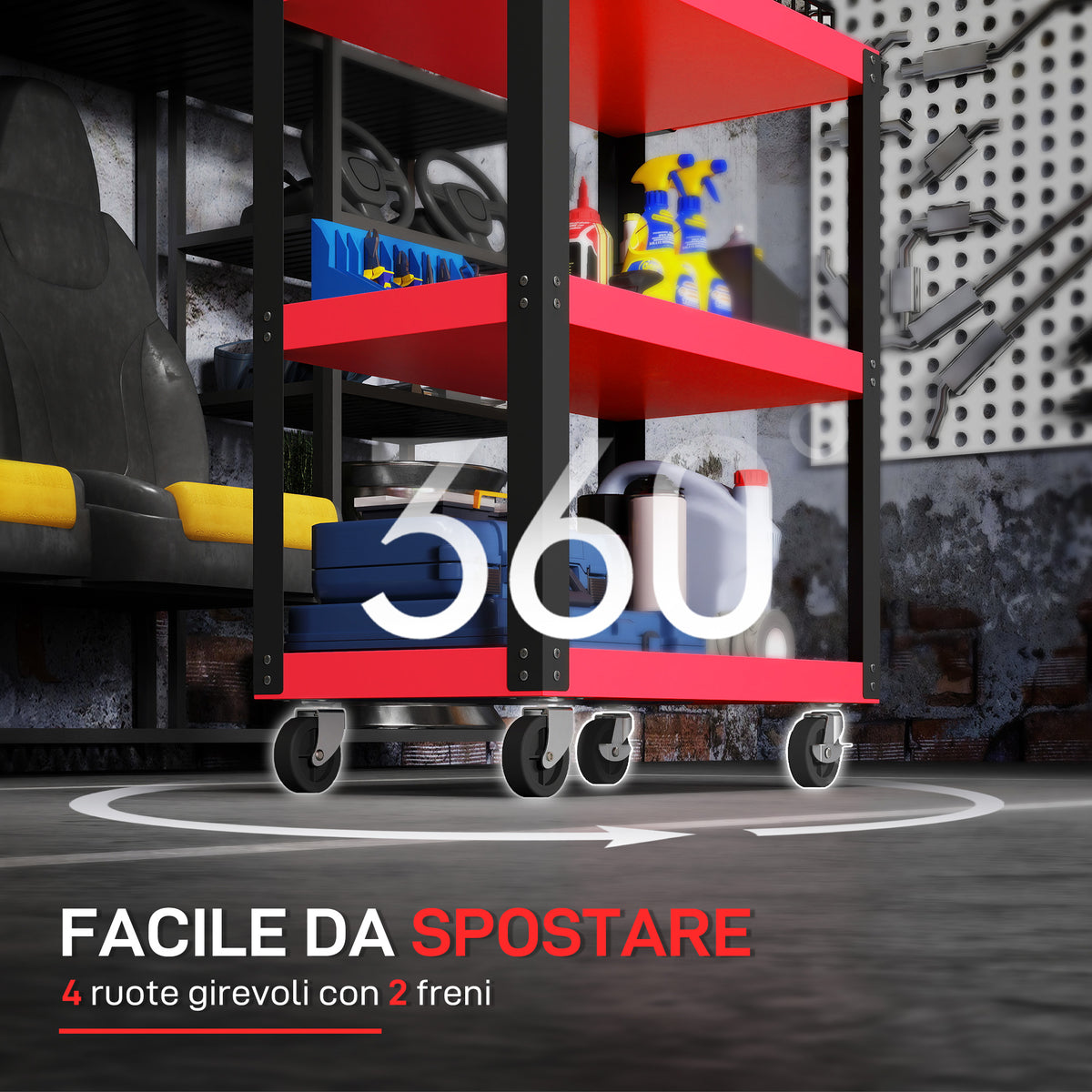 Carrello Porta Attrezzi a 3 Ripiani in Metallo e PP, 70.5x35x82.5 cm, Rosso e Nero