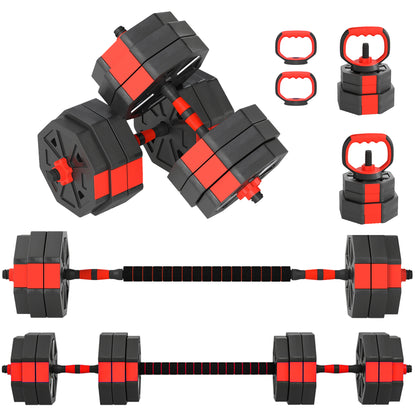 Set Pesi da Palestra 6 in 1 da 30kg, Convertibile in Kettlebell, 2 Manubri, Bilanciere e Supporto Flessioni, Rosso