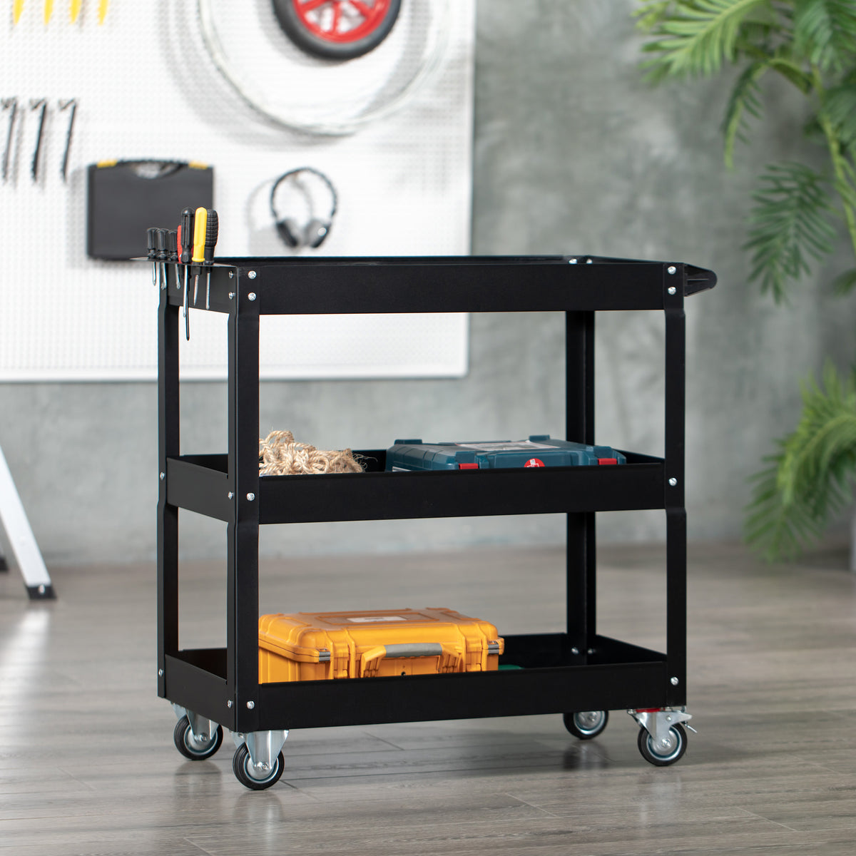 Carrello Porta Attrezzi a 3 Livelli in Acciaio con Bordi Alti e 4 Ruote Girevoli, 83x35.3x76 cm, Nero