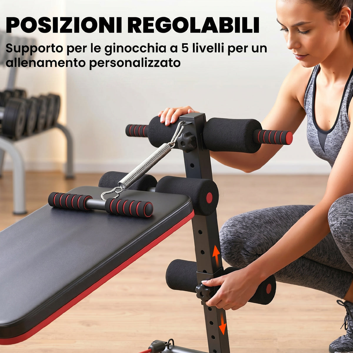 Panca per Addominali Pieghevole e Regolabile con Vogatore e 2 Corde, in Acciaio 51x137x50-66 cm, Nera e Rossa