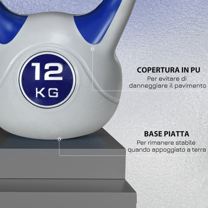 Kettlebell 12kg in PU e Sabbia con Base Piatta e Impugnatura per Stacchi, Squat e Sollevamenti, 24x17x28 cm, Blu