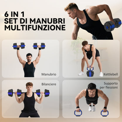Set Pesi da Palestra 6 in 1 in Plastica e Sabbia Utilizzabile come Kettlebell Manubri Bilanciere Supporto Blu