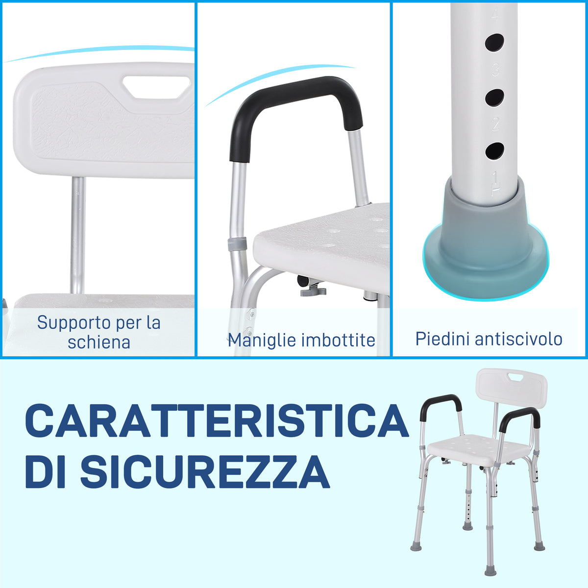Sedia per Doccia in Alluminio con Altezza Regolabile e Piedini Antiscivolo, 51.5x51.5x71-84cm, Bianco