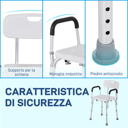 Sedia per Doccia in Alluminio con Altezza Regolabile e Piedini Antiscivolo, 51.5x51.5x71-84cm, Bianco