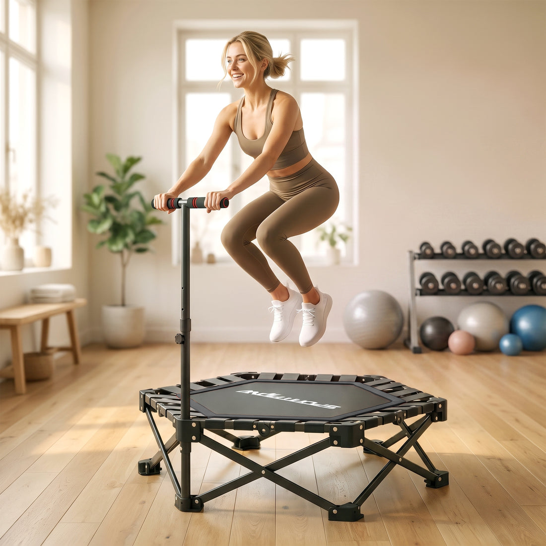 Trampolino Elastico per Adulti 104cm Richiudibile, con Sistema di Apertura Chiusura in un solo Gesto, Maniglia Regolabile e 24 Molle Bungee, Nero