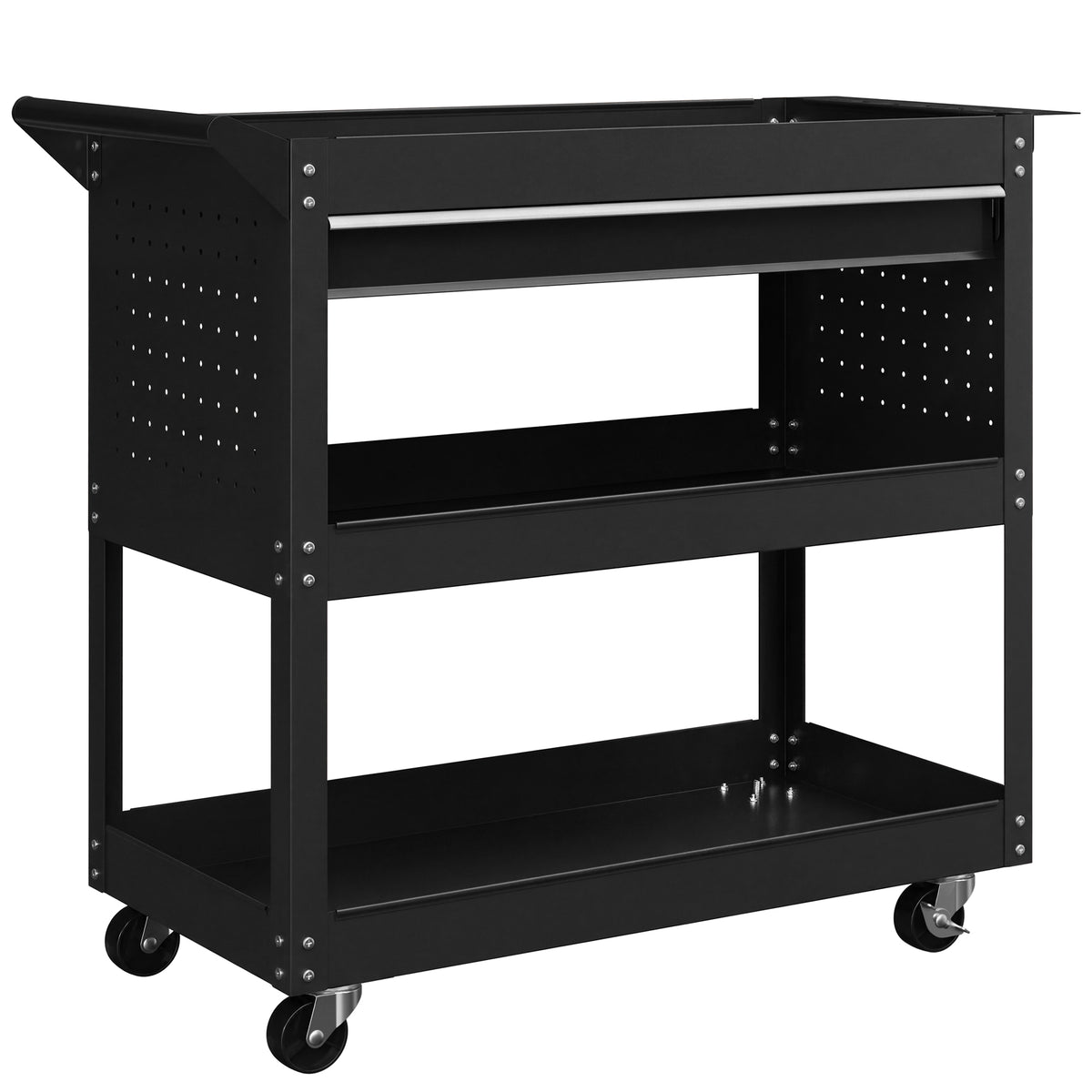 Carrello 3 Livelli in Acciaio con Cassetto, Porta Utensili Laterale e Maniglia, Nero
